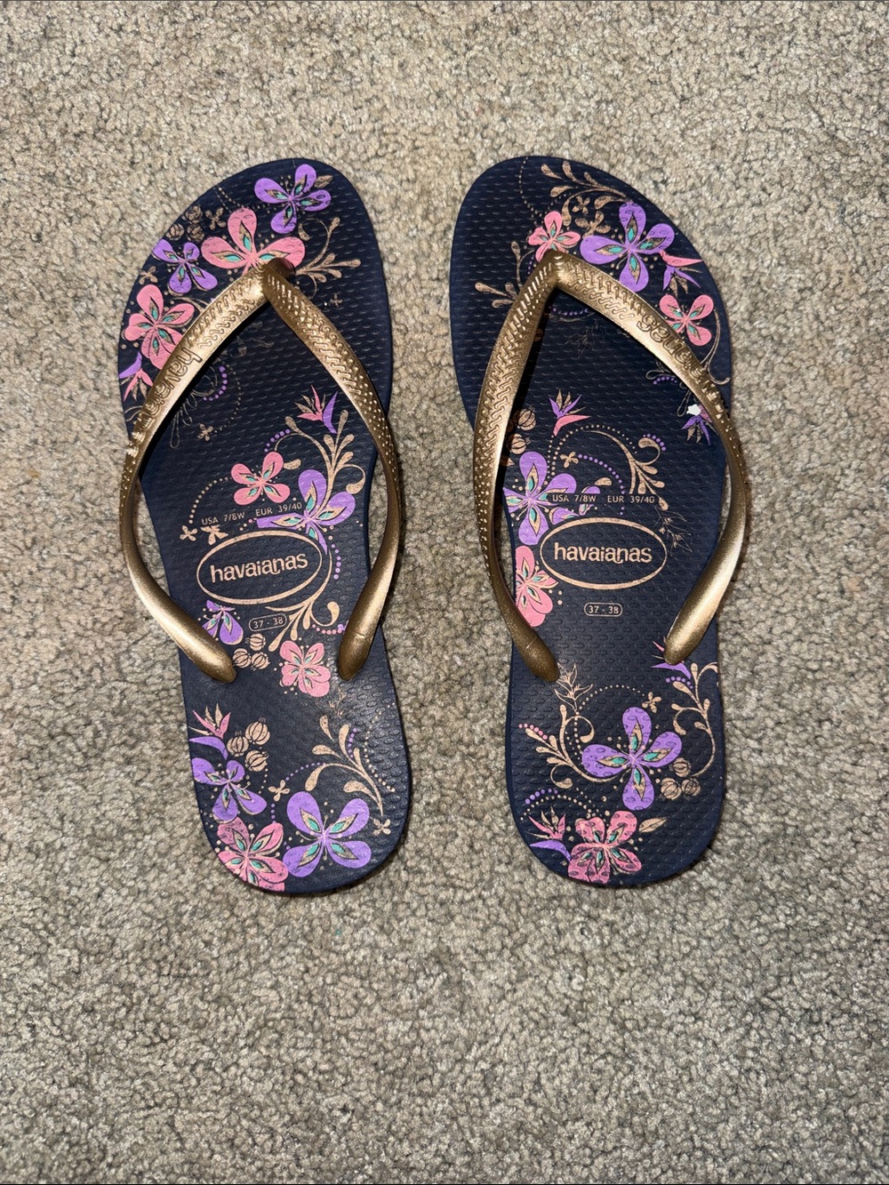 Havaianas Women's Navy Floral Flip Flops with Gold Straps